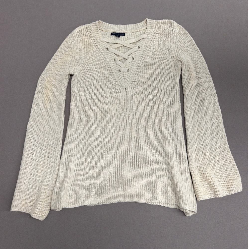 American Eagle Lace Up V-Neck Sweater Cream Ivory Bell Sleeve Ribbed Knit Small
